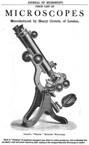 Modelo binocular “Premier” posiblemente fue para este extraordinario modelo para el que Henry Crouch diseñó su famoso pie de trípode en 1870.Este modelo fue publicado en el Journal of Microscopy.